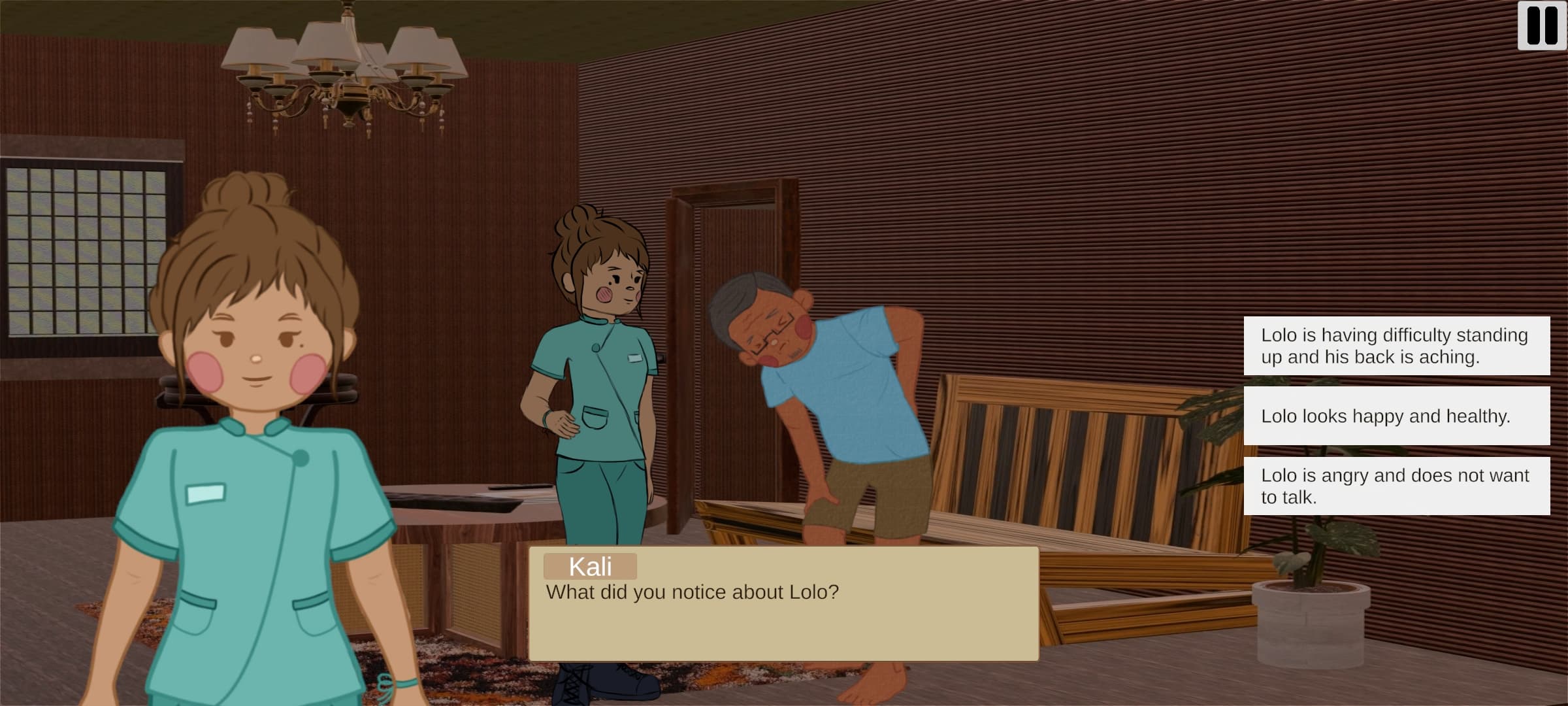 Life in Rhythm game scene with character dialogue and training choices